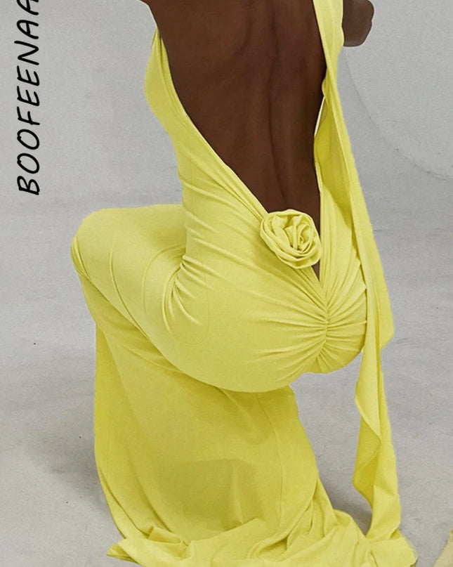 Women's Elegant Floral-Applique Halter Backless Maxi Dress - Summer Party Wear 2024 C83-CE37