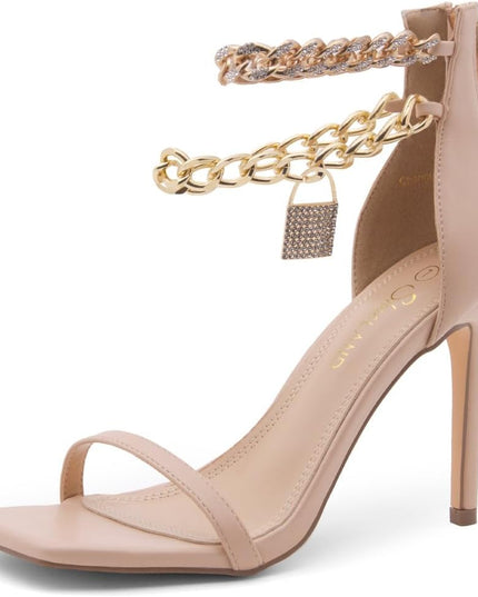 Charming2 Women'S Rhinestone Heels, Square Open Toe High Stilettos with Spiral Ankle Wrap Strap – Coil Spiral High Heeled Crystal Dress Sandals for Party, Nude,Size 11.0
