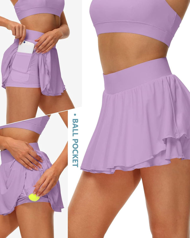 Women'S Athletic Tennis Skirts with Pockets 13In Ruffle Golf Running Workout Ice Silk Flowy Skorts with Sports Shorts