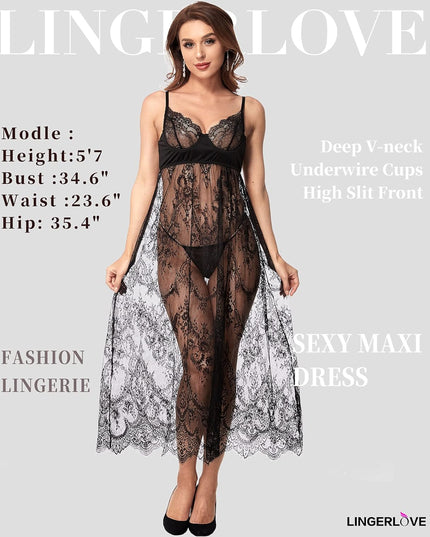 Women Sexy Lingerie Lace High Slit Maxi Long Gown Sheer Dress with Underwire S-4XL