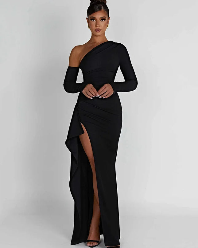 Oblique Shoulder Thigh High Split Maxi Dress Women Long Sleeve Backless Bodycon Sexy Club Party Long Dress Vestidos