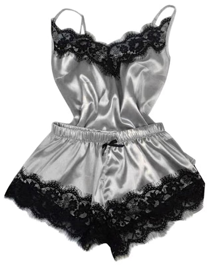 1 Set of Sexy Women'S Pajamas Sleeveless Camisole Pyjamas Lace-Trimmed Satin Camisole Pyjama Set