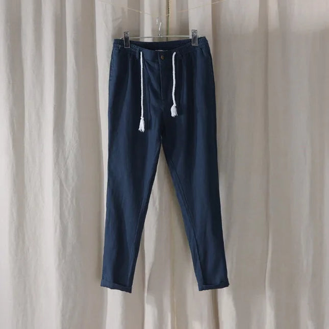 New Design Casual 100% Linen Long Pants Men Solid Fashion Brand Trousers for Men Elastic Waist Pantalones Pantaloni Un Pantalon