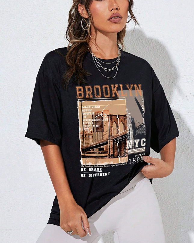 INAWLY Street View and Slogan Graphic Drop Shoulder Tee MAKE YOUR OWN WAY GROWING up FAST BUILDING without LIMITS a PLACE in the CITY to CALL HOME CITY of HOMES NYC FOLLOW YOUR DREAMS 1898 the Brooklyn Bridge Is a Famous Sight in New York BE BRAVE BE DIFFERENT Graphic Tees Women Tops