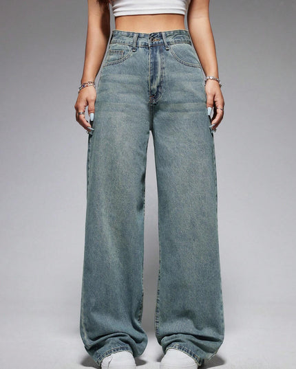 Jeanoix Washed Wide-Leg Jeans with Slanted Pockets Baggy Jeans Y2K