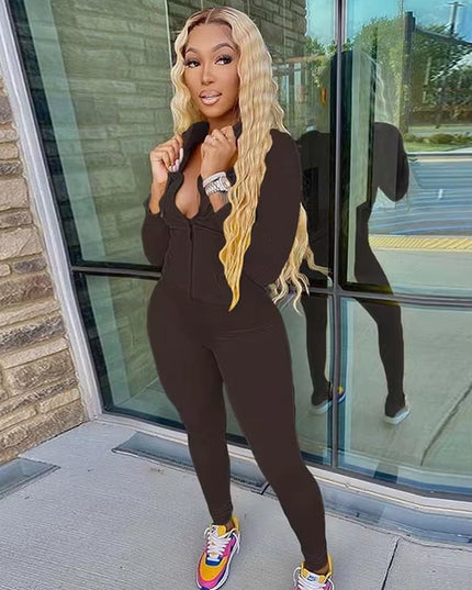 Autumn Two Piece Set Women Long Sleeve Hooded Zipper Pocket Sporty Jackets+Leggings Matching Sets Workout Stretchy Outfits