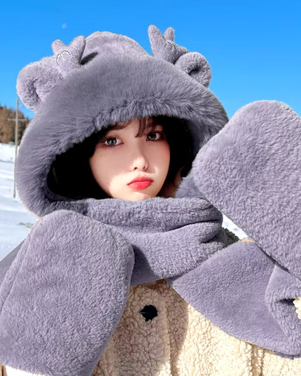 Dragon Horn Bear Hat Scarf One Female Winter Adult Gloves Cycling Thick Dragon Treasure 3-In-1 Small Antler Hat