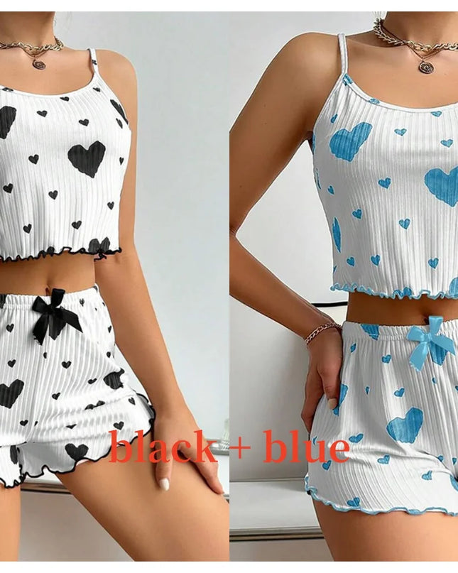 Women'S Pajamas Set Sleepwear 2 PCS Short Tank Tops and Shorts S M L White Ventilate Soft Casual Love Printing