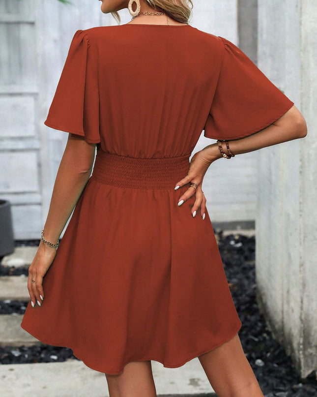 LUNE Plunging Neck Butterfly Sleeve Ruched Waist Dress