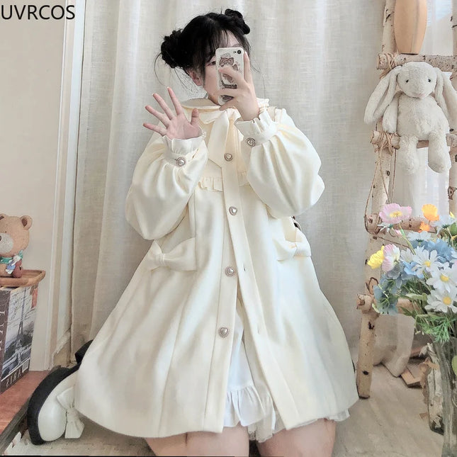 Winter Women'S Woolen Coat Japanese Lolita Style Sweet Kawai Bow A-Line Loose Jackets Female Elegant Fall Korean Fashion Outwear