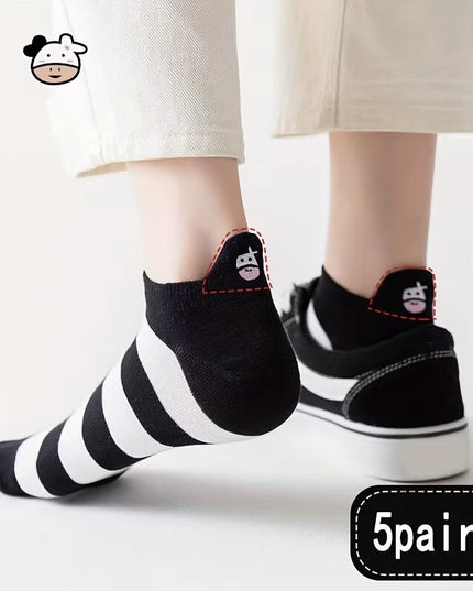 5 Pairs Womens Socks Lovely Cow Pattern Short Socks Creative Printing Socks Ankle Sock