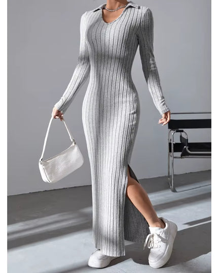 2024 New Women'S Sexy Knitted V-Neck Reverse Collar Split Dress Autumn/Winter Long Sleeve Elastic Basic Body Sweater
