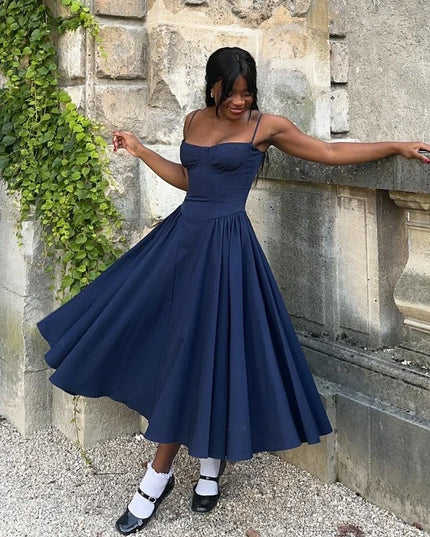Elegant Spaghetti Strap Midi Dress Slim a Line Party Dresses Navy Blue Casual Birthday Holiday Dress Women'S Clothing