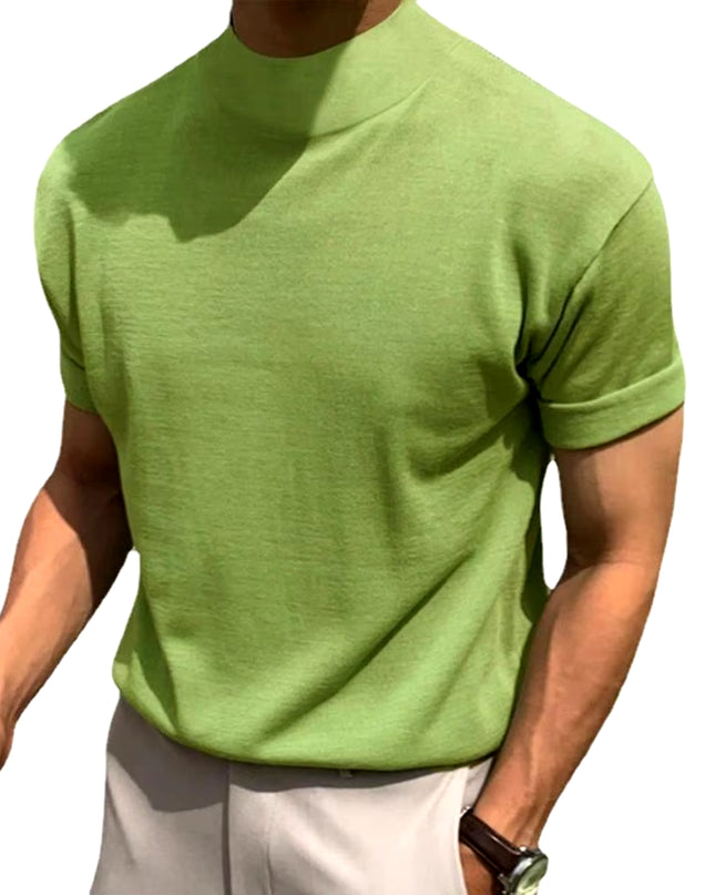 Men T-Shirt Solid Color High Neck Men Top Sweat Absorption Dress-Up Fitness Top Summer Short Sleeve Male Shirt Top for Men