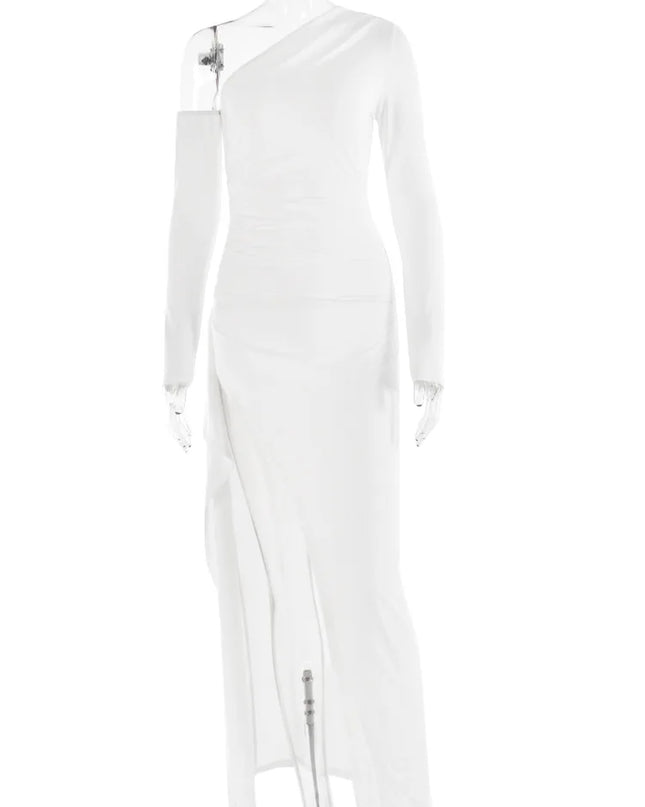 Oblique Shoulder Thigh High Split Maxi Dress Women Long Sleeve Backless Bodycon Sexy Club Party Long Dress Vestidos