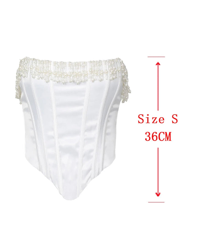 Luxury Strapless Women Cropped Top White Embellished Pearls and Beads Corset Tops Sexy Party Cocktail Clothing