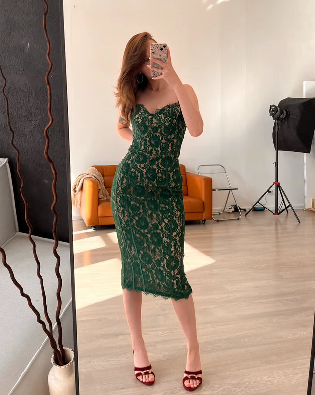 Summer Long Elegant Formal Occasion Dress Green Spaghetti Strap V Neck Lace Dress Vintage Birthday Party Dresses 2023