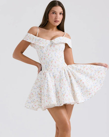 Fashion Summer Dresses 2024 Floral Print Short Party Dresses off the Shoulder Tulle Dress a Line Women'S Clothing