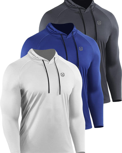 Men'S 3 Pack Mesh Running Shirt Long Sleeve Workout Athletic Shirts with Hoods,5095,White/Grey/Blue,3Xl
