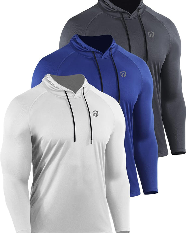 Men'S 3 Pack Mesh Running Shirt Long Sleeve Workout Athletic Shirts with Hoods,5095,White/Grey/Blue,3Xl