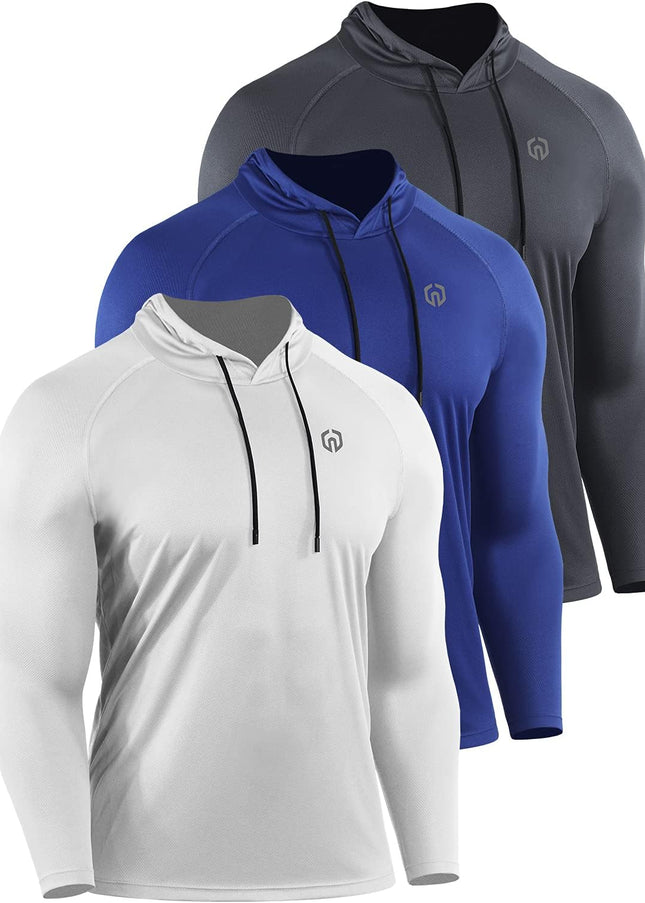 Men'S 3 Pack Mesh Running Shirt Long Sleeve Workout Athletic Shirts with Hoods,5095,White/Grey/Blue,3Xl