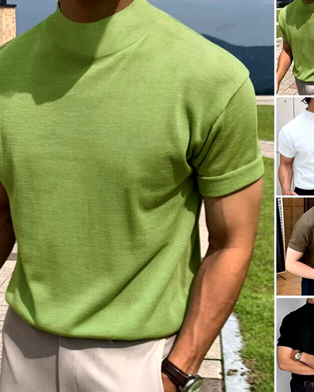 Men T-Shirt Solid Color High Neck Men Top Sweat Absorption Dress-Up Fitness Top Summer Short Sleeve Male Shirt Top for Men