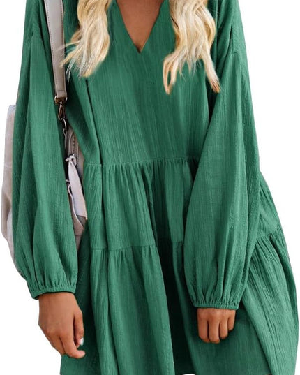 Cute Shift Tunic Dress for Women Ruffle Swing Babydoll Mini Long Sleevee Dress with Pockets