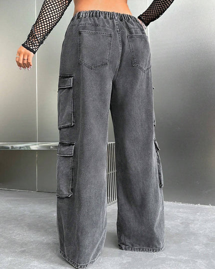 SHEIN ICON Y2K High Waist Black Cargo Pocket plus Size Straight Leg Jeans, Fall Women Clothes