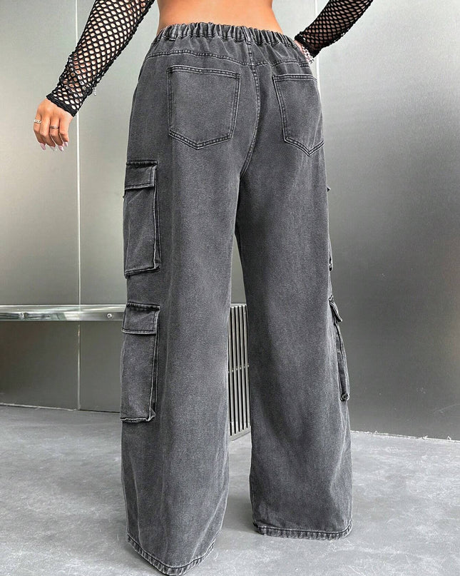 SHEIN ICON Y2K High Waist Black Cargo Pocket plus Size Straight Leg Jeans, Fall Women Clothes