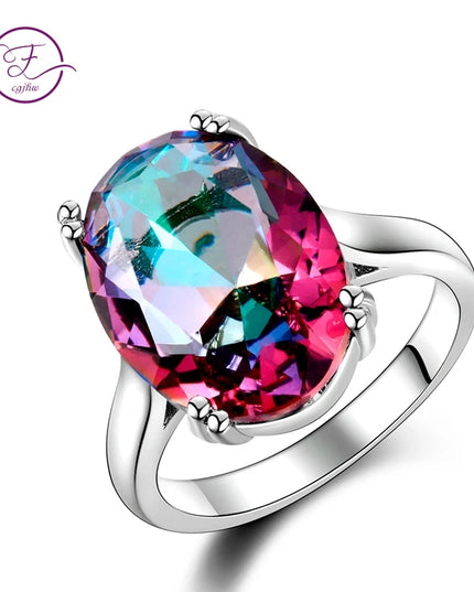 Fashion Women'S Jewelry S925 Silver Ring Mystic Fire Rainbow Topaz Rings Promotion Elegant Wedding Jewelry Anillos Party Gift