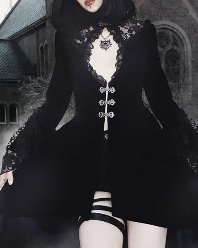 Women Gothic Lace Dress V Neck Hollow Out Flare Long Sleeve Dress Halloween Cosplay Costume Masquerade Party Dress up Vestidos