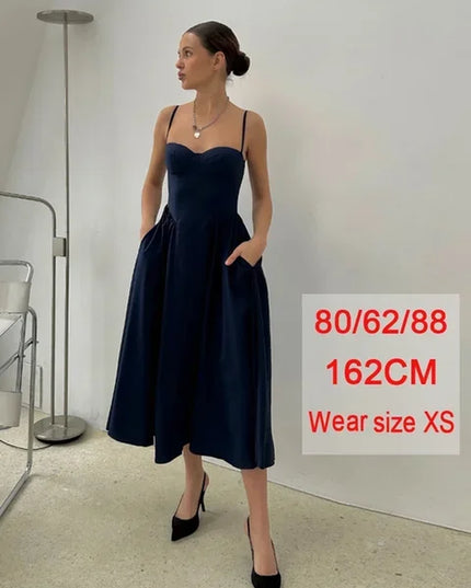 Elegant Spaghetti Strap Midi Dress Slim a Line Party Dresses Navy Blue Casual Birthday Holiday Dress Women'S Clothing