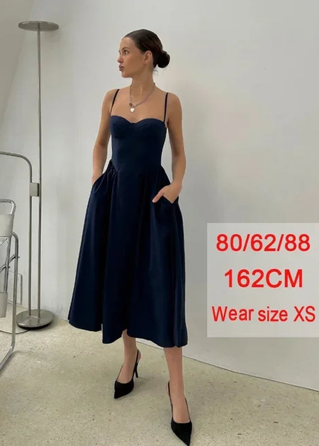 Elegant Spaghetti Strap Midi Dress Slim a Line Party Dresses Navy Blue Casual Birthday Holiday Dress Women'S Clothing