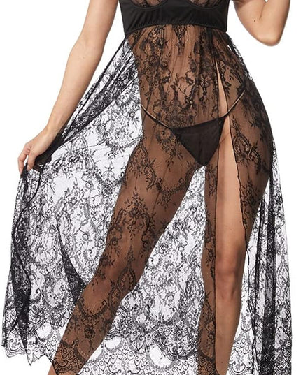 Women Sexy Lingerie Lace High Slit Maxi Long Gown Sheer Dress with Underwire S-4XL