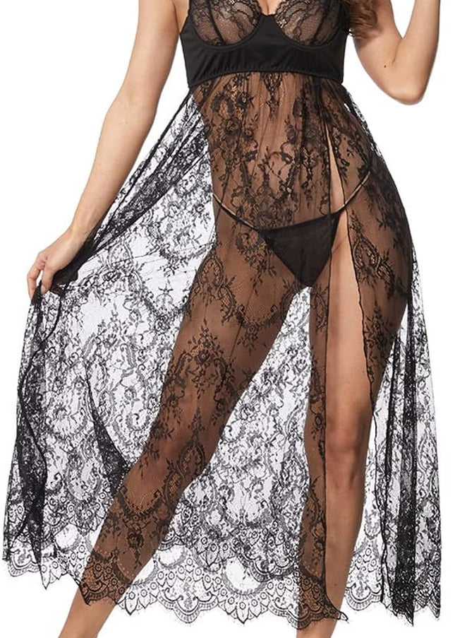 Women Sexy Lingerie Lace High Slit Maxi Long Gown Sheer Dress with Underwire S-4XL