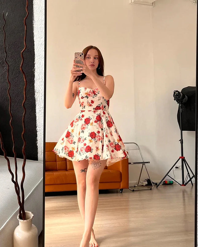 Summer Elegant a Line Dress Lovely Floral Print Tulle Skirt Dress Casual Holiday Party Dresses Women 2024 New Arrival