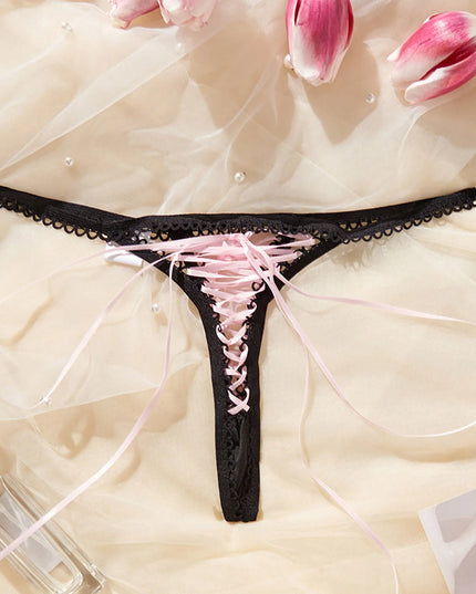 Ladies Super Sexy Lace up Thongs Lingerie Black Strap Crochet Trim Pink Bandage Lace up Panties Sexy Exposed Erotic G-Strings
