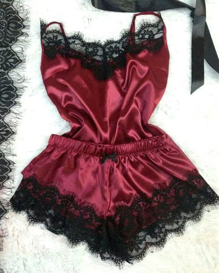 1 Set of Sexy Women'S Pajamas Sleeveless Camisole Pyjamas Lace-Trimmed Satin Camisole Pyjama Set