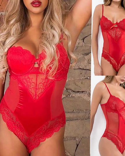 Women Naughty Jumpsuit Sexy Lingerie Lace Bodysuit Sleeveless Backless Porn Underwear Bow Red Mesh See through Teddy Babydoll