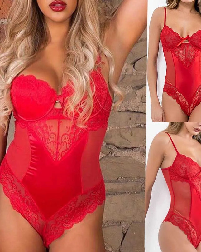 Women Naughty Jumpsuit Sexy Lingerie Lace Bodysuit Sleeveless Backless Porn Underwear Bow Red Mesh See through Teddy Babydoll