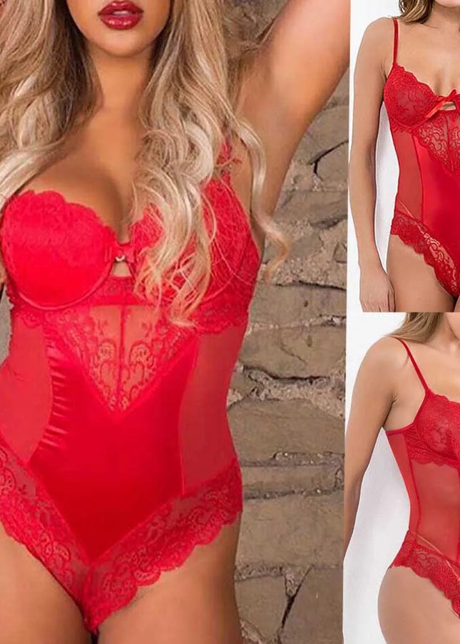 Women Naughty Jumpsuit Sexy Lingerie Lace Bodysuit Sleeveless Backless Porn Underwear Bow Red Mesh See through Teddy Babydoll
