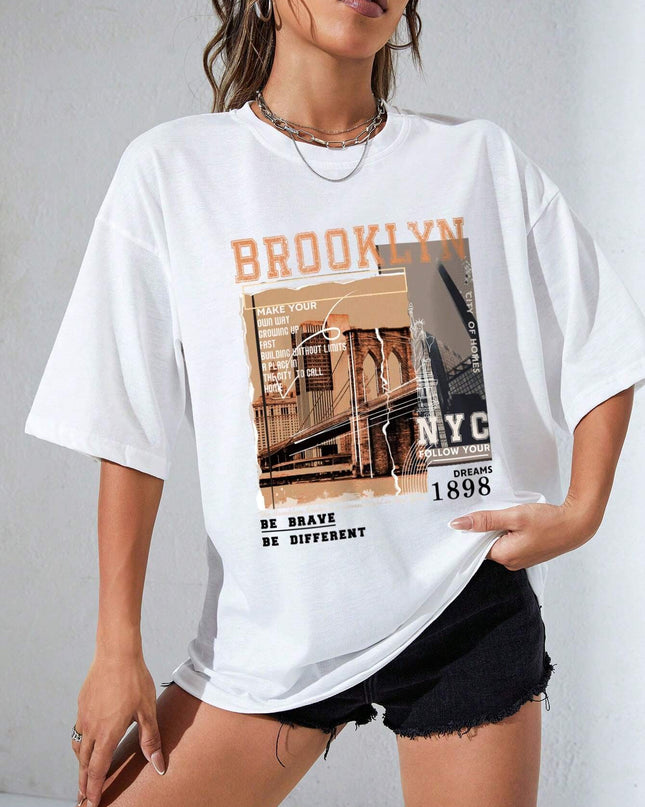 INAWLY Street View and Slogan Graphic Drop Shoulder Tee MAKE YOUR OWN WAY GROWING up FAST BUILDING without LIMITS a PLACE in the CITY to CALL HOME CITY of HOMES NYC FOLLOW YOUR DREAMS 1898 the Brooklyn Bridge Is a Famous Sight in New York BE BRAVE BE DIFFERENT Graphic Tees Women Tops