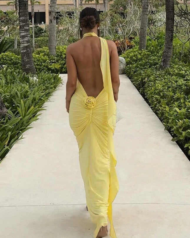 Women's Elegant Floral-Applique Halter Backless Maxi Dress - Summer Party Wear 2024 C83-CE37