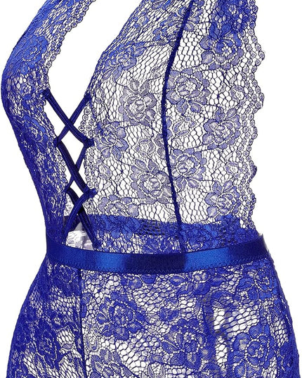 Plus Size Lingerie for Women Sexy Halter Teddy Bodysuit Lace Deep V One Piece Chemise Clubwear Blue,Xxl