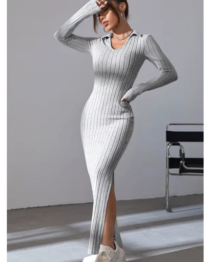 2024 New Women'S Sexy Knitted V-Neck Reverse Collar Split Dress Autumn/Winter Long Sleeve Elastic Basic Body Sweater