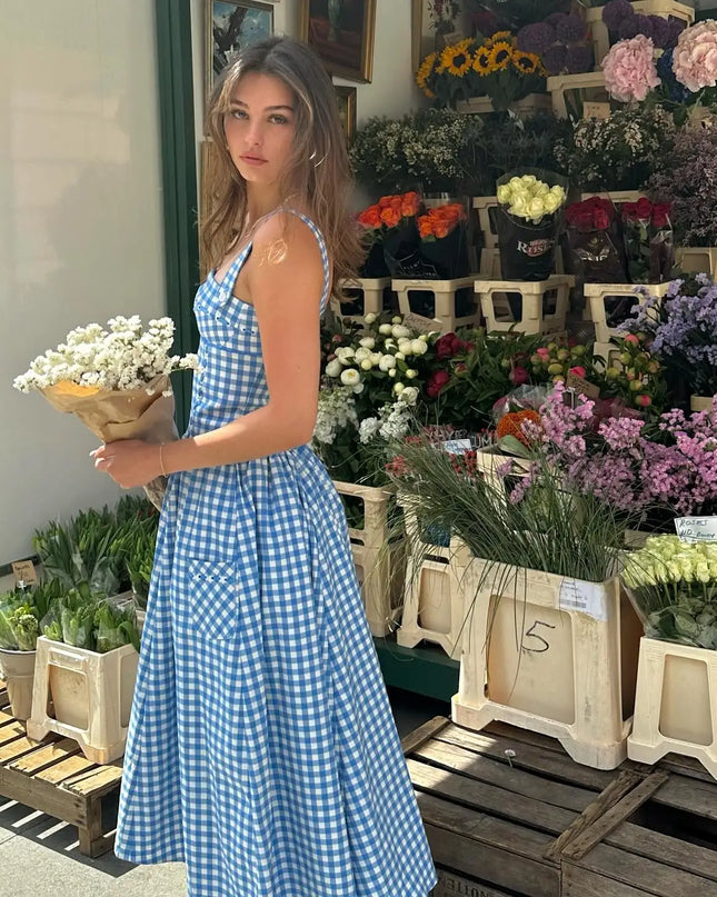 Summer Elegant and Beautiful Women Dresses 2024 Midi Blue and White Plaid Dress with Pocket Female Vacation Dress