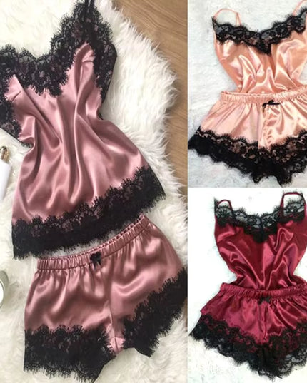 1 Set of Sexy Women'S Pajamas Sleeveless Camisole Pyjamas Lace-Trimmed Satin Camisole Pyjama Set