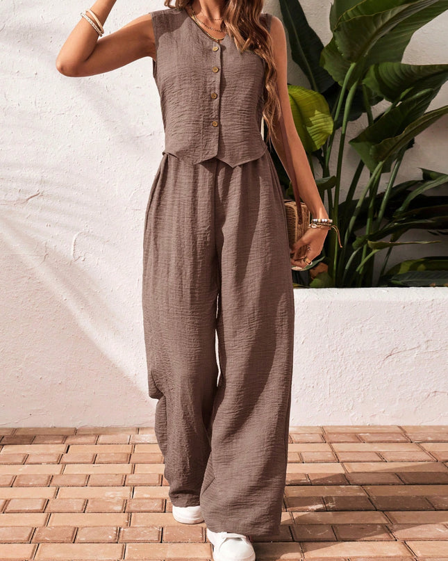 Frenchy 2Pcs/Set Vacation Casual Solid Color Button Front Top and Pants Set