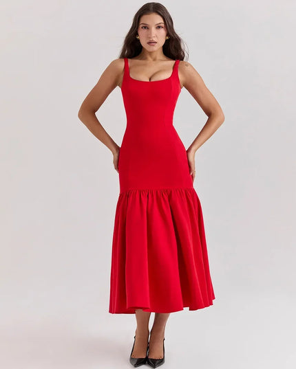Midi Holiday Dress 2024 New Arrivals Red Spaghetti Strap Elegant Hem Dress Casual Birthday Party Dresses