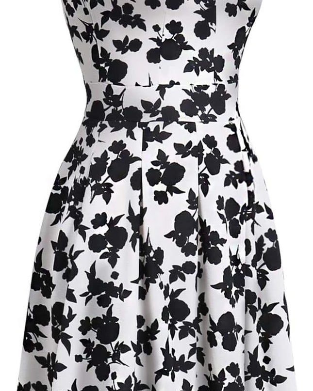 Summer Dresses for Women with Pockets Elegant Retro 50S Pleated V Keyhole Sleeveless Holiday Party Dance Wedding Guest Dress (S, Sp81-White Black Flo)